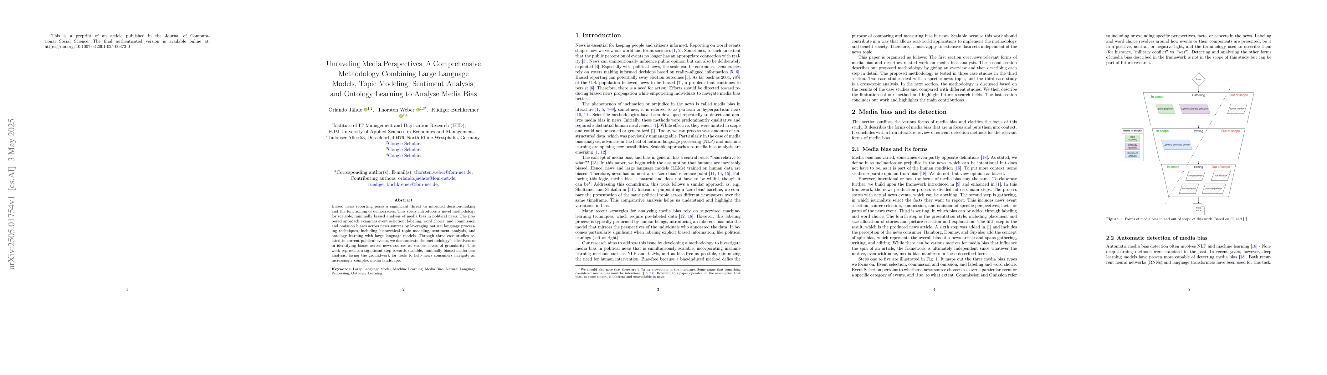 Thumbnail for Unraveling Media Perspectives: A Comprehensive Methodology Combining
  Large Language Models, Topic Modeling, Sentiment Analysis, and Ontology
  Learning to Analyse Media Bias