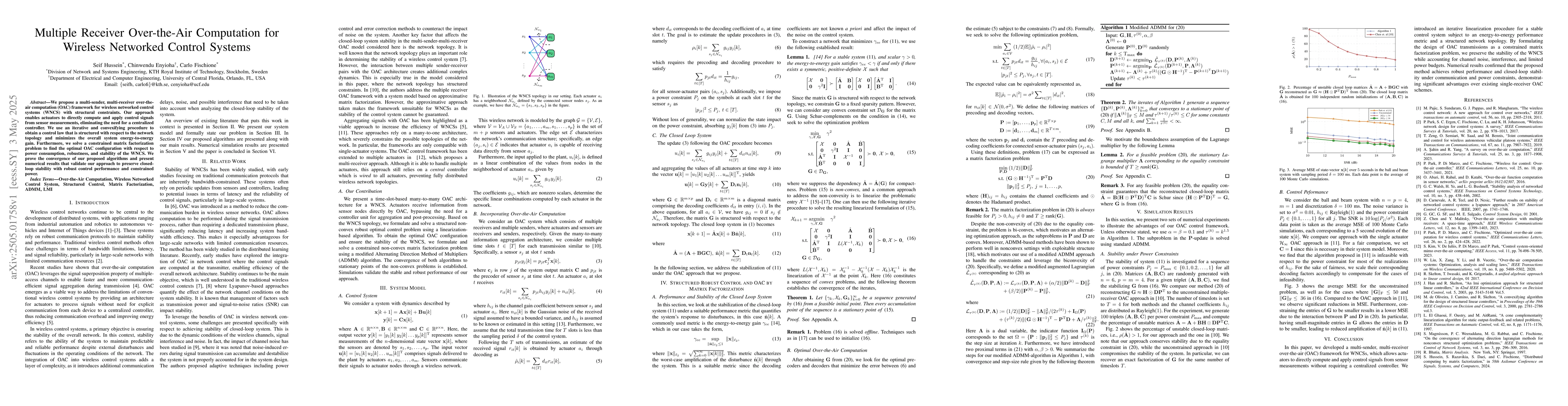 Thumbnail for Multiple Receiver Over-the-Air Computation for Wireless Networked
  Control Systems