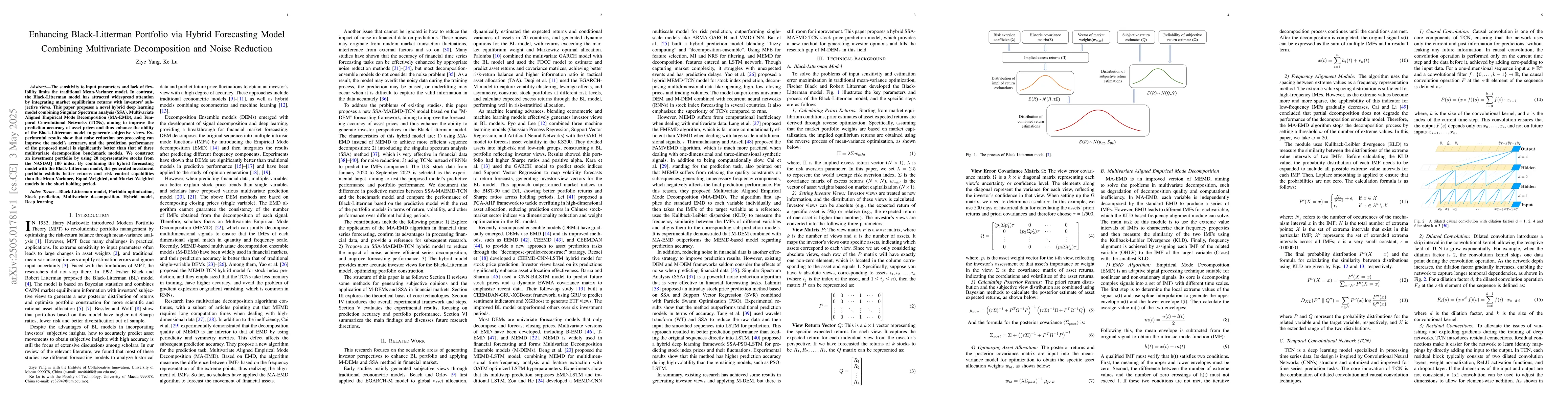 Thumbnail for Enhancing Black-Litterman Portfolio via Hybrid Forecasting Model
  Combining Multivariate Decomposition and Noise Reduction