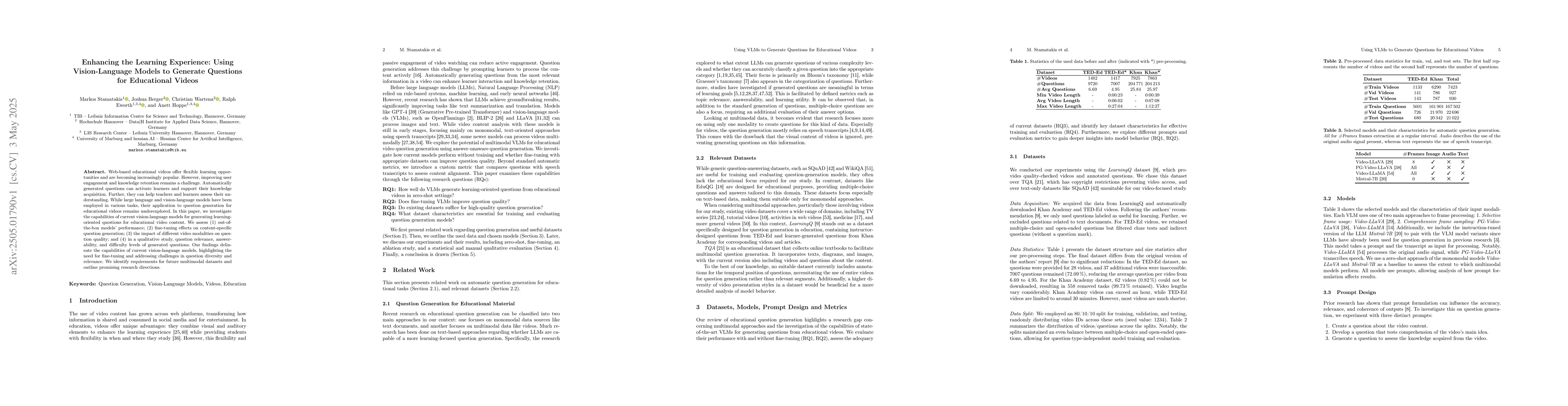 Thumbnail for Enhancing the Learning Experience: Using Vision-Language Models to
  Generate Questions for Educational Videos