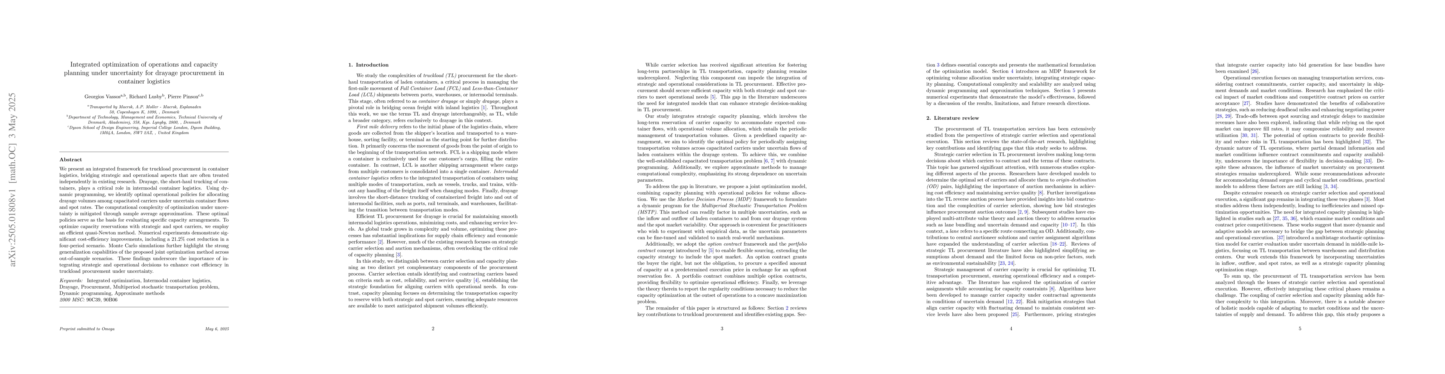 Thumbnail for Integrated optimization of operations and capacity planning under
  uncertainty for drayage procurement in container logistics
