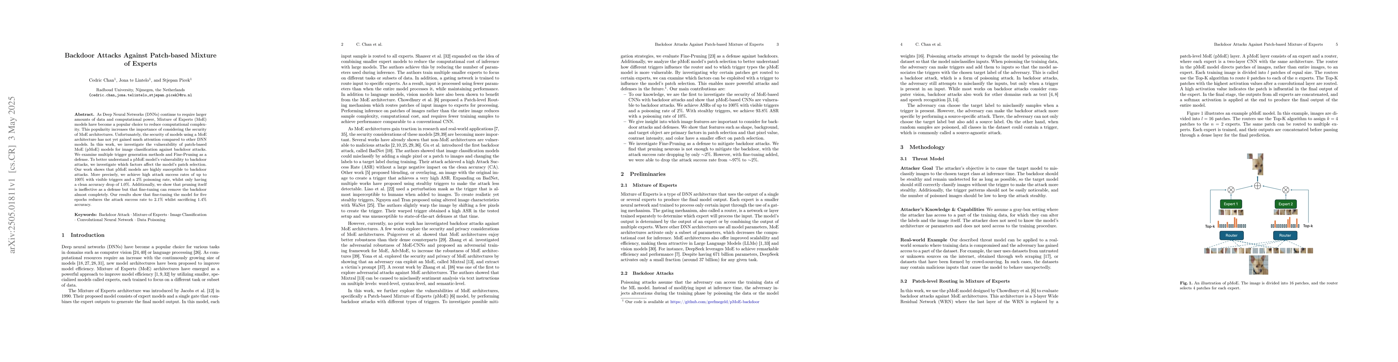 Thumbnail for Backdoor Attacks Against Patch-based Mixture of Experts