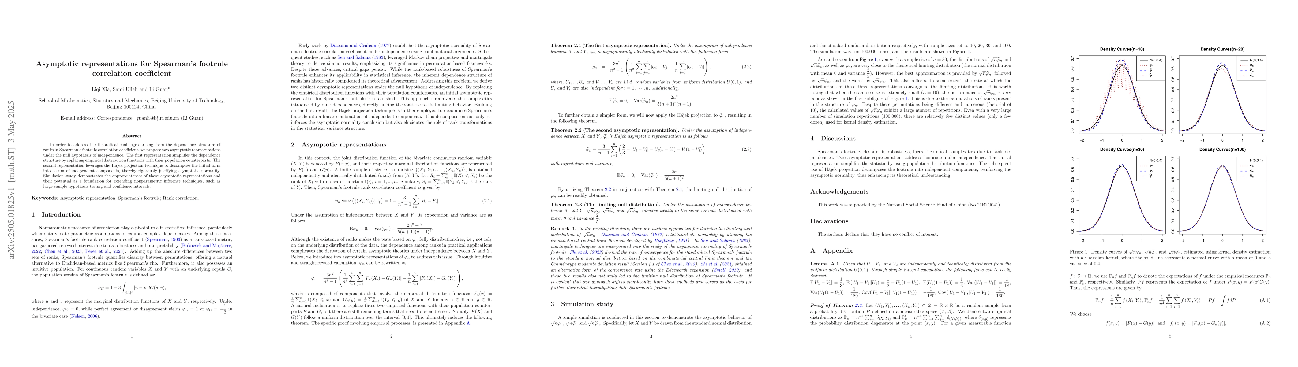 Thumbnail for Asymptotic representations for Spearman's footrule correlation
  coefficient
