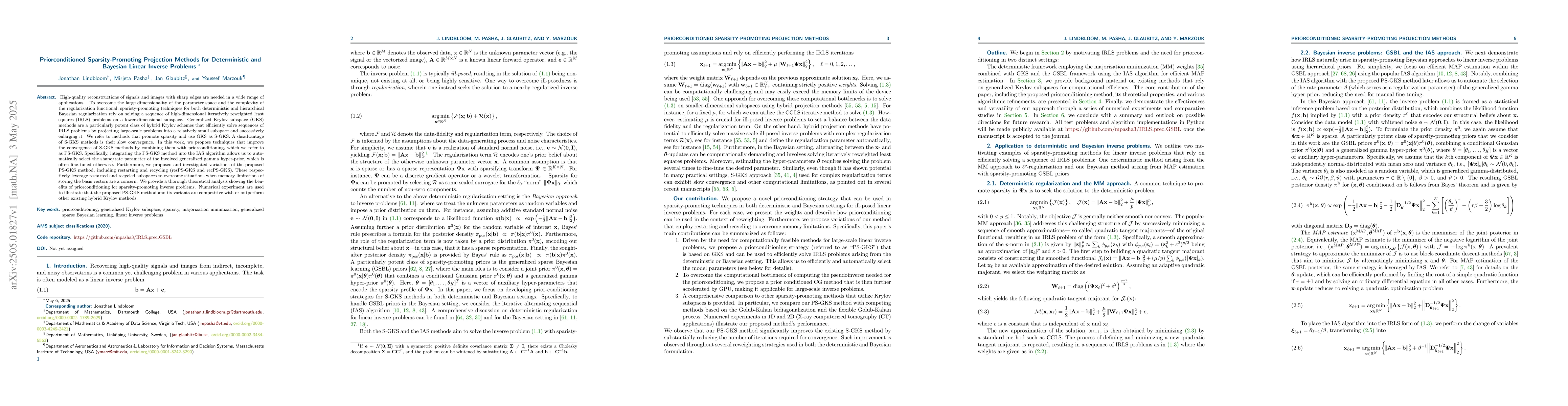 Thumbnail for Priorconditioned Sparsity-Promoting Projection Methods for Deterministic
  and Bayesian Linear Inverse Problems