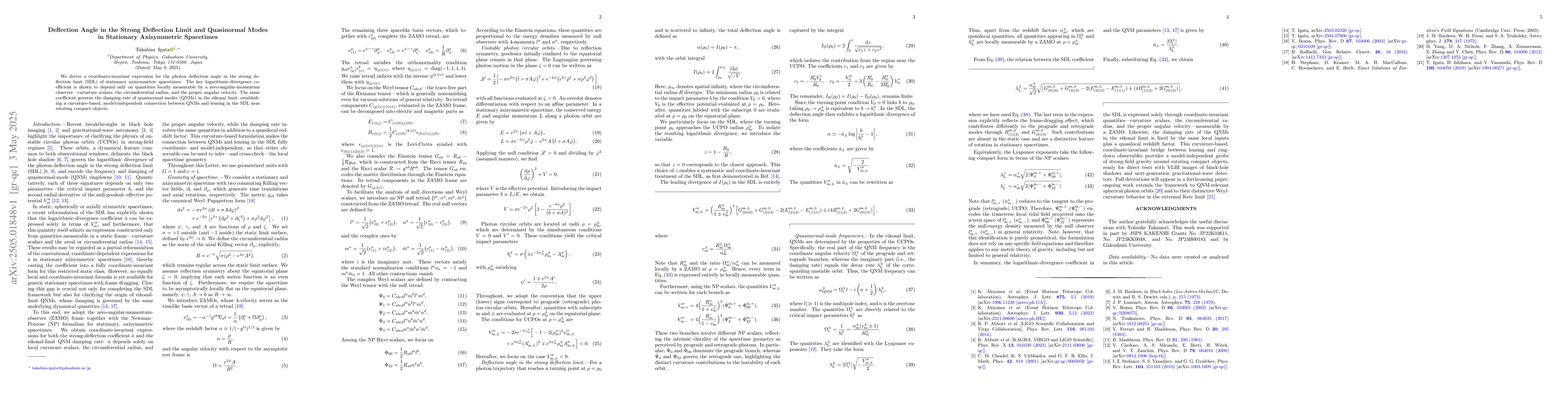 Thumbnail for Deflection Angle in the Strong Deflection Limit and Quasinormal Modes in
  Stationary Axisymmetric Spacetimes