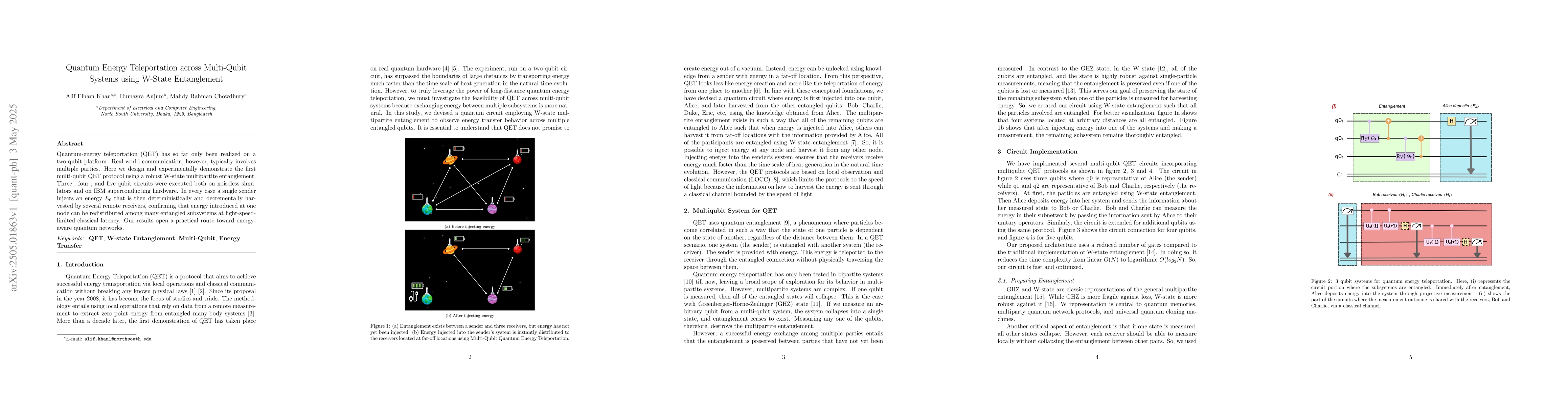 Thumbnail for Quantum Energy Teleportation across Multi-Qubit Systems using W-State
  Entanglement