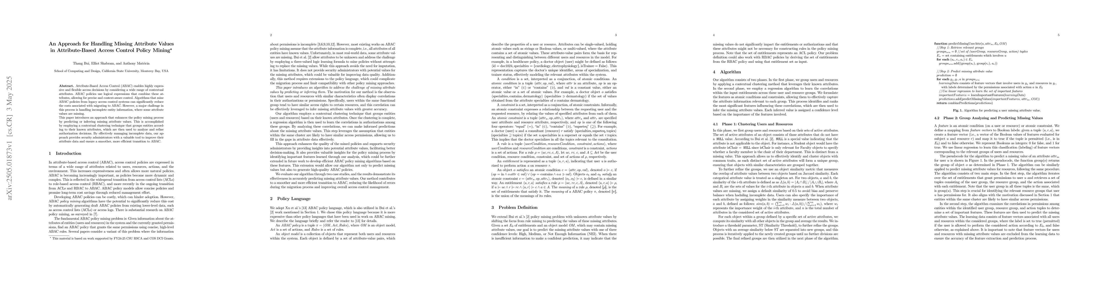 Thumbnail for An Approach for Handling Missing Attribute Values in Attribute-Based
  Access Control Policy Mining