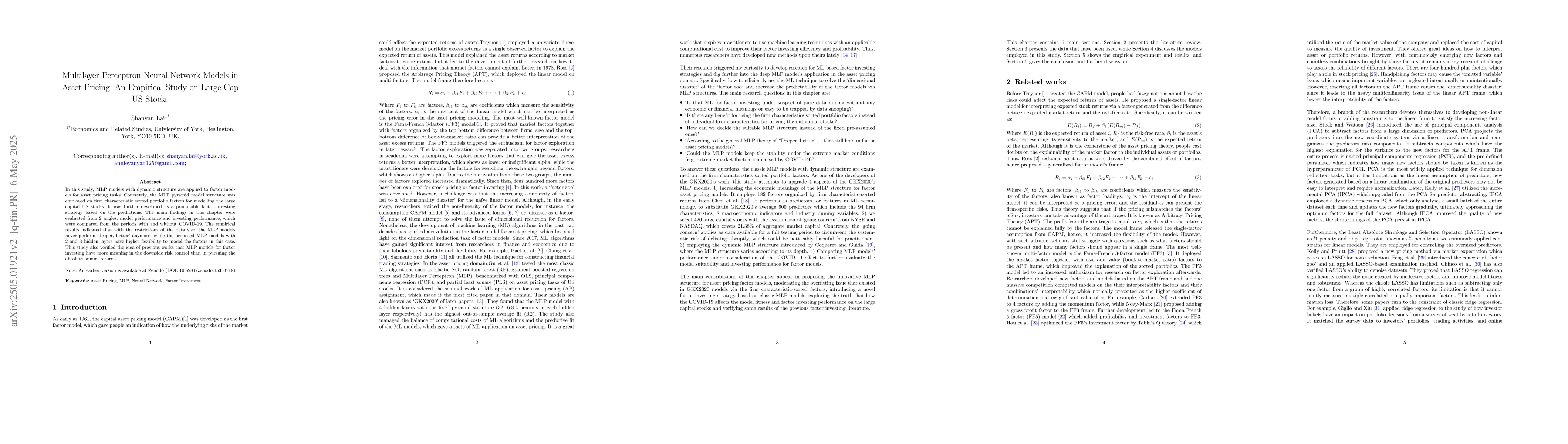 Thumbnail for Multilayer Perceptron Neural Network Models in Asset Pricing: An
  Empirical Study on Large-Cap US Stocks