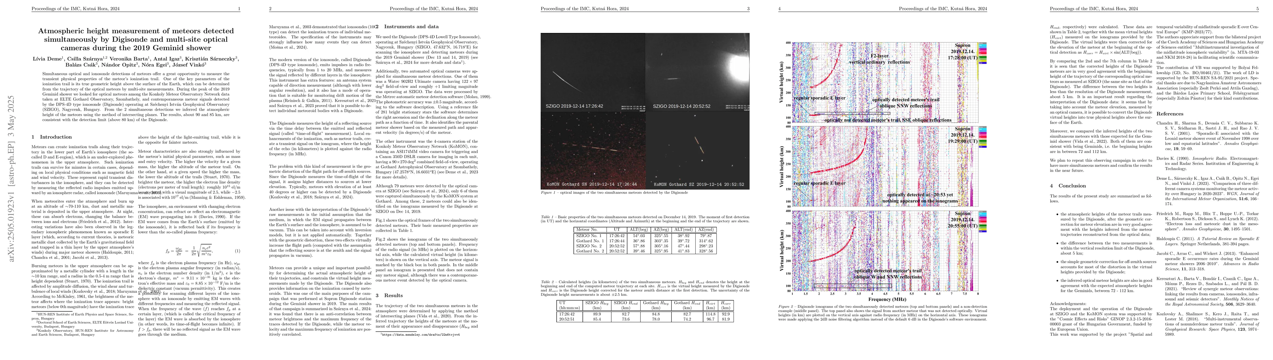 Thumbnail for Atmospheric height measurement of meteors detected simultaneously by
  Digisonde and multi-site optical cameras during the 2019 Geminid shower