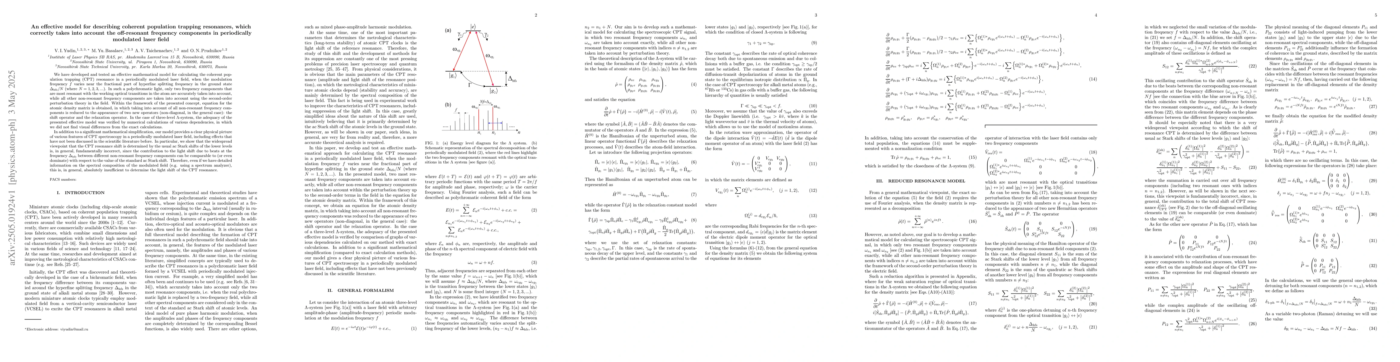 Thumbnail for An effective model for describing coherent population trapping
  resonances, which correctly takes into account the off-resonant frequency
  components in periodically modulated laser field