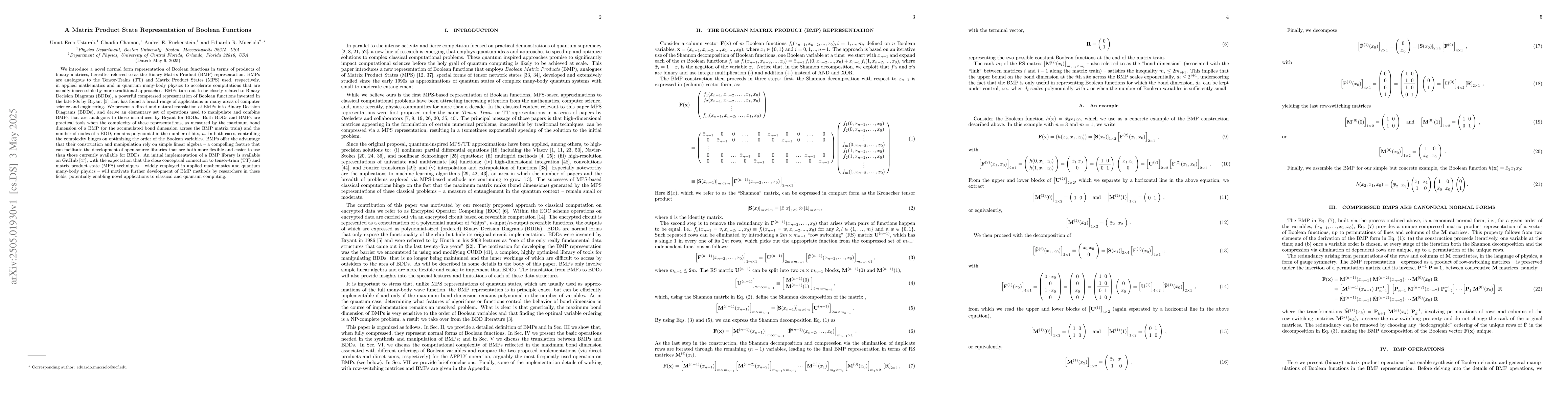 Thumbnail for A Matrix Product State Representation of Boolean Functions