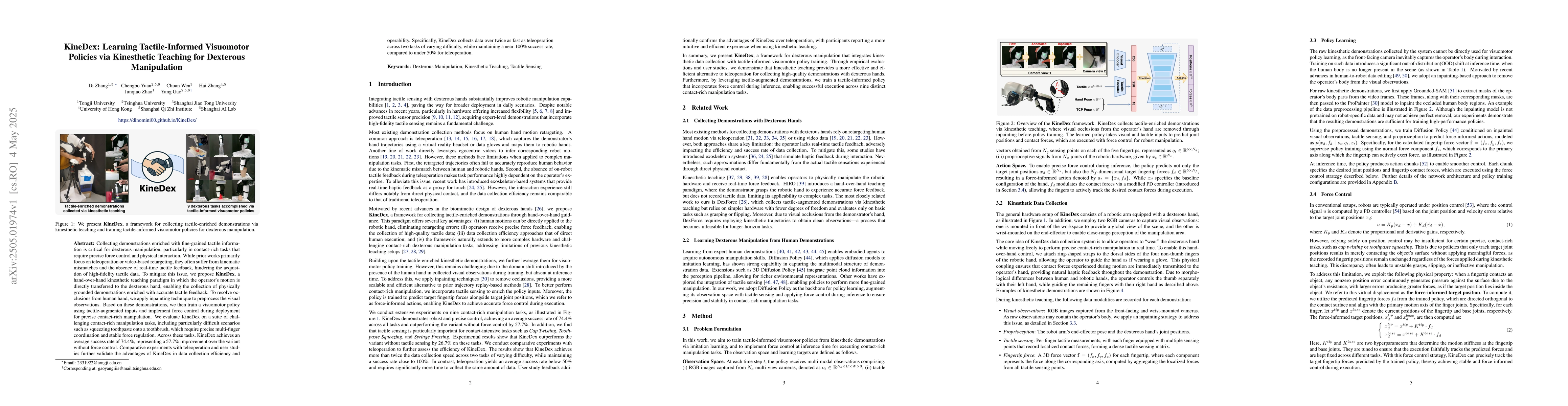 Thumbnail for KineDex: Learning Tactile-Informed Visuomotor Policies via Kinesthetic
  Teaching for Dexterous Manipulation