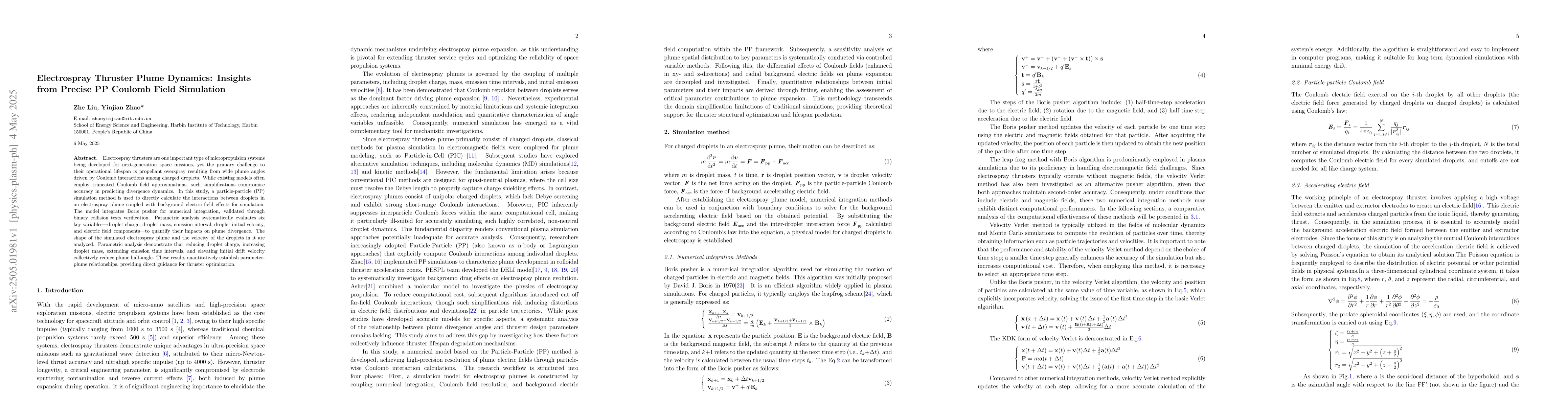 Thumbnail for Electrospray Thruster Plume Dynamics: Insights from Precise PP Coulomb
  Field Simulation