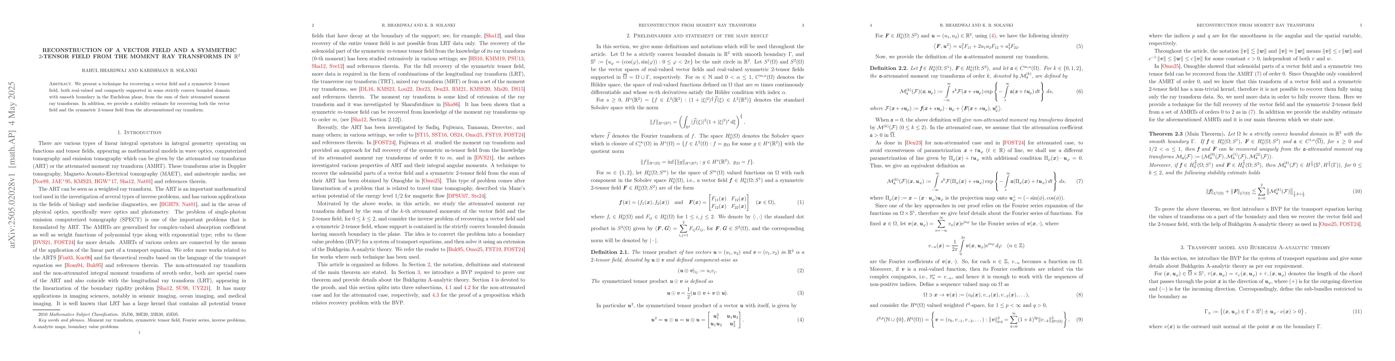 Thumbnail for Reconstruction of a vector field and a symmetric $2$-tensor field from
  the moment ray transforms in $\mathbb{R}^2$