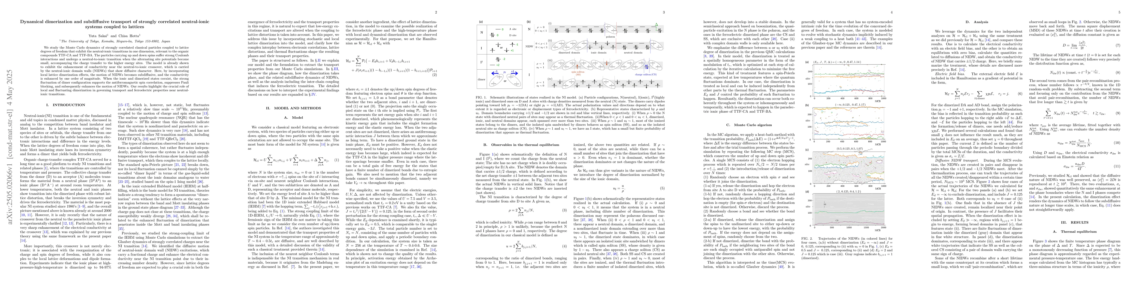 Thumbnail for Dynamical dimerization and subdiffusive transport of strongly correlated
  neutral-ionic systems coupled to lattices