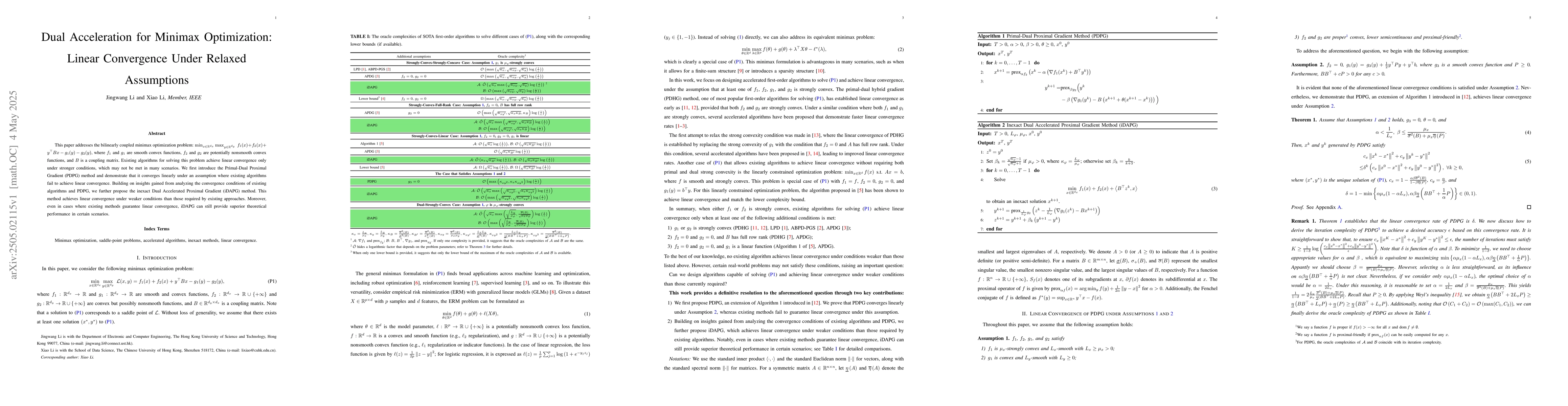 Thumbnail for Dual Acceleration for Minimax Optimization: Linear Convergence Under
  Relaxed Assumptions