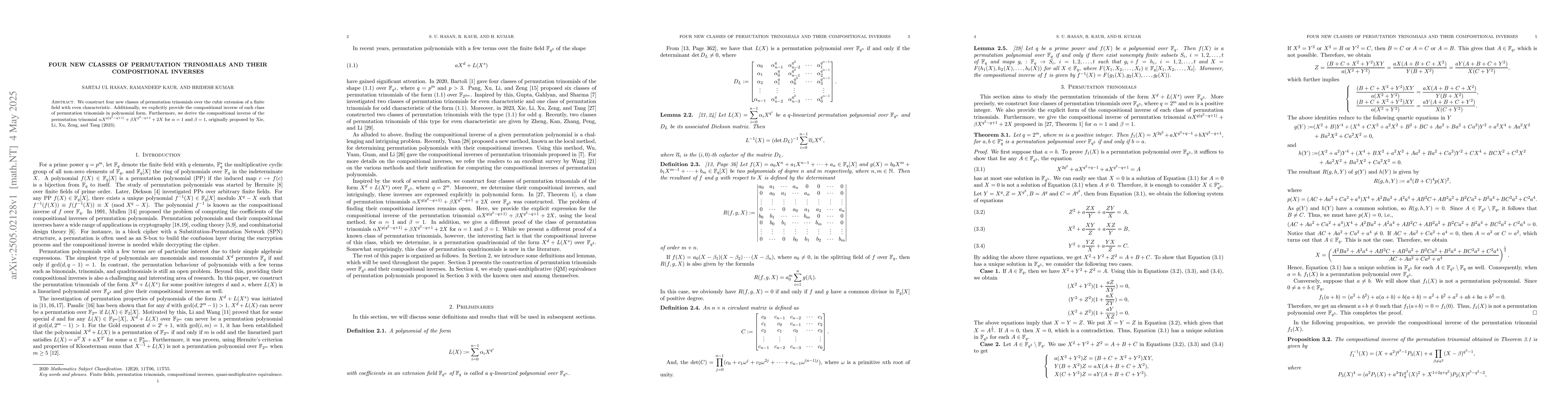 Thumbnail for Four new classes of permutation trinomials and their compositional
  inverses
