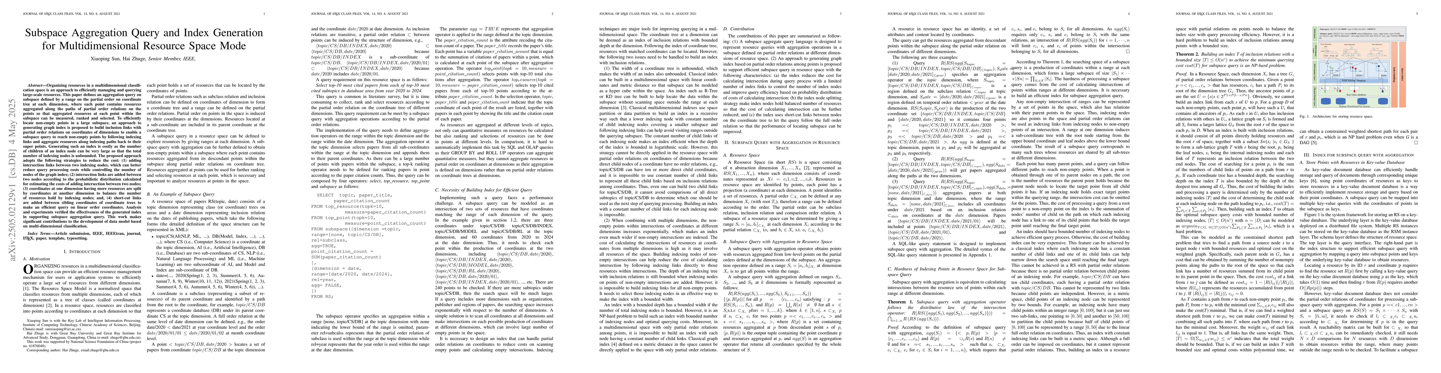 Thumbnail for Subspace Aggregation Query and Index Generation for Multidimensional
  Resource Space Mode