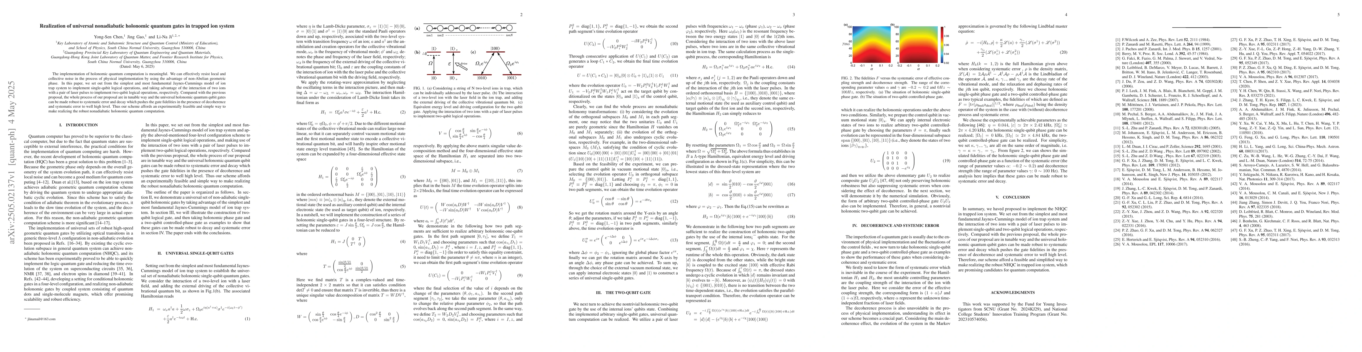 Thumbnail for Realization of universal nonadiabatic holonomic quantum gates in trapped
  ion system