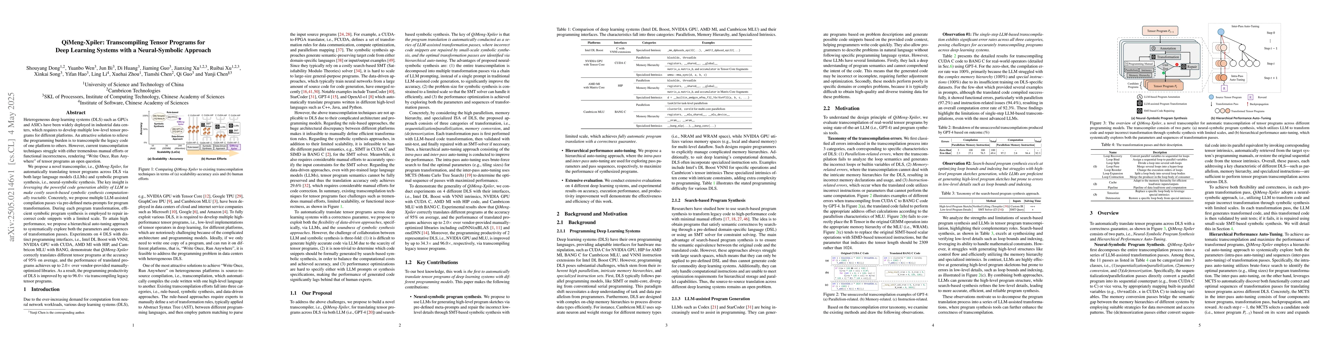 Thumbnail for QiMeng-Xpiler: Transcompiling Tensor Programs for Deep Learning Systems
  with a Neural-Symbolic Approach