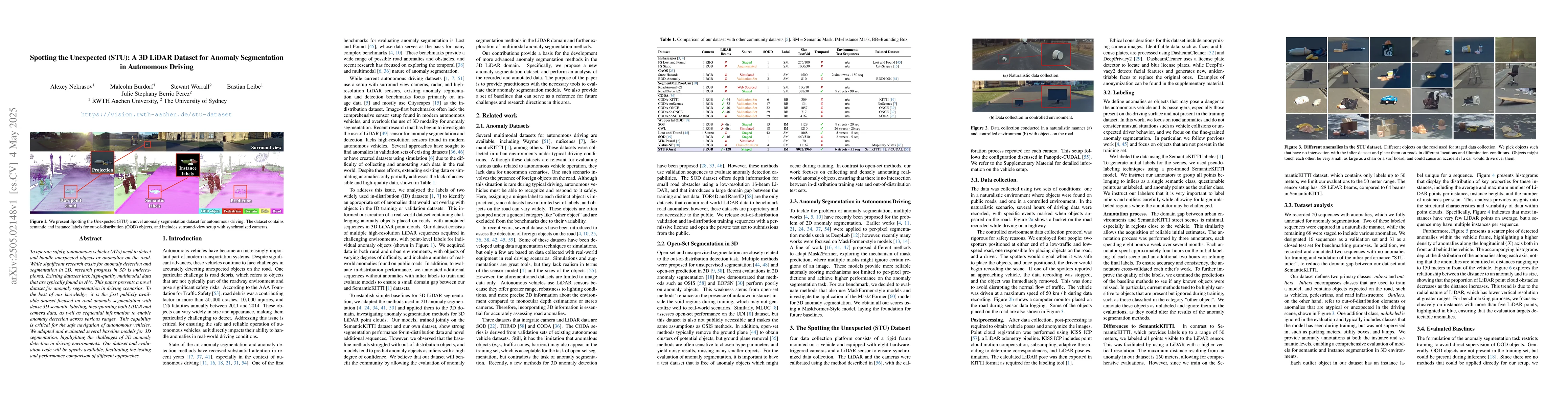 Thumbnail for Spotting the Unexpected (STU): A 3D LiDAR Dataset for Anomaly
  Segmentation in Autonomous Driving