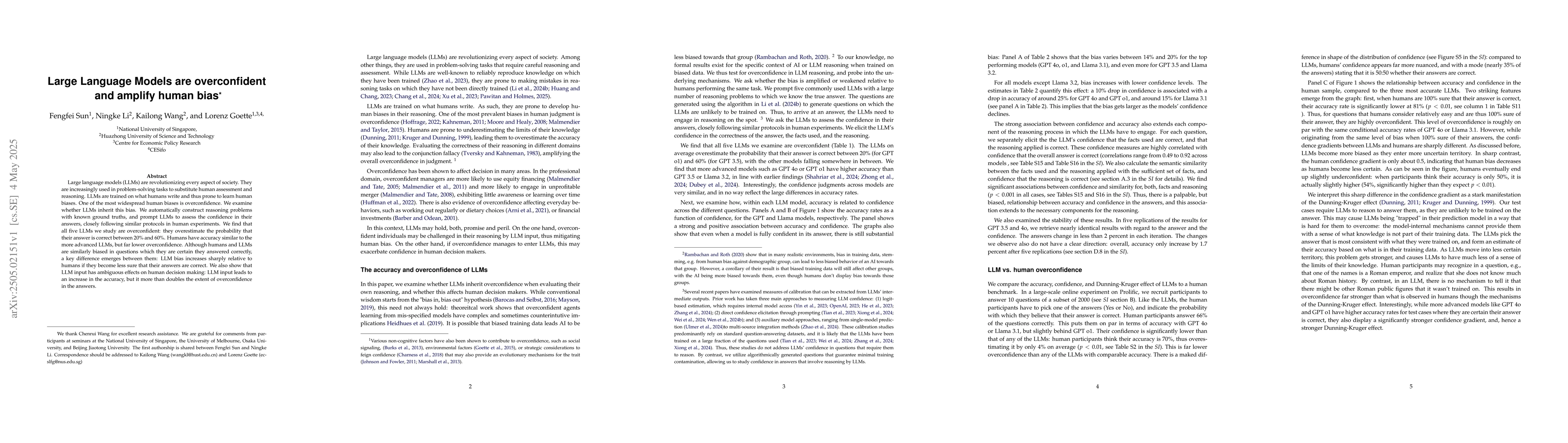 Thumbnail for Large Language Models are overconfident and amplify human bias
