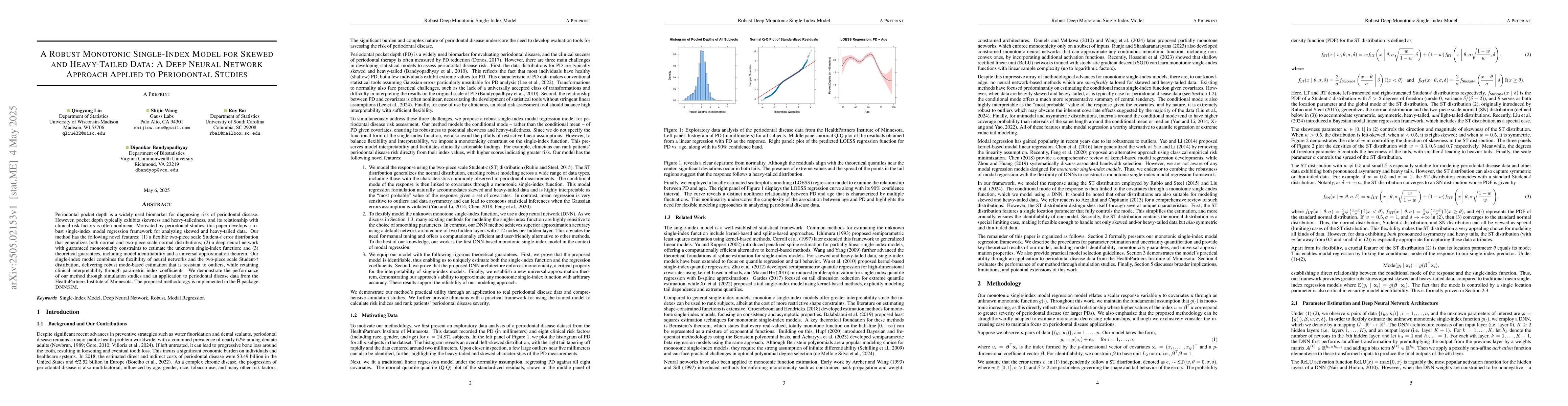 Thumbnail for A Robust Monotonic Single-Index Model for Skewed and Heavy-Tailed Data:
  A Deep Neural Network Approach Applied to Periodontal Studies