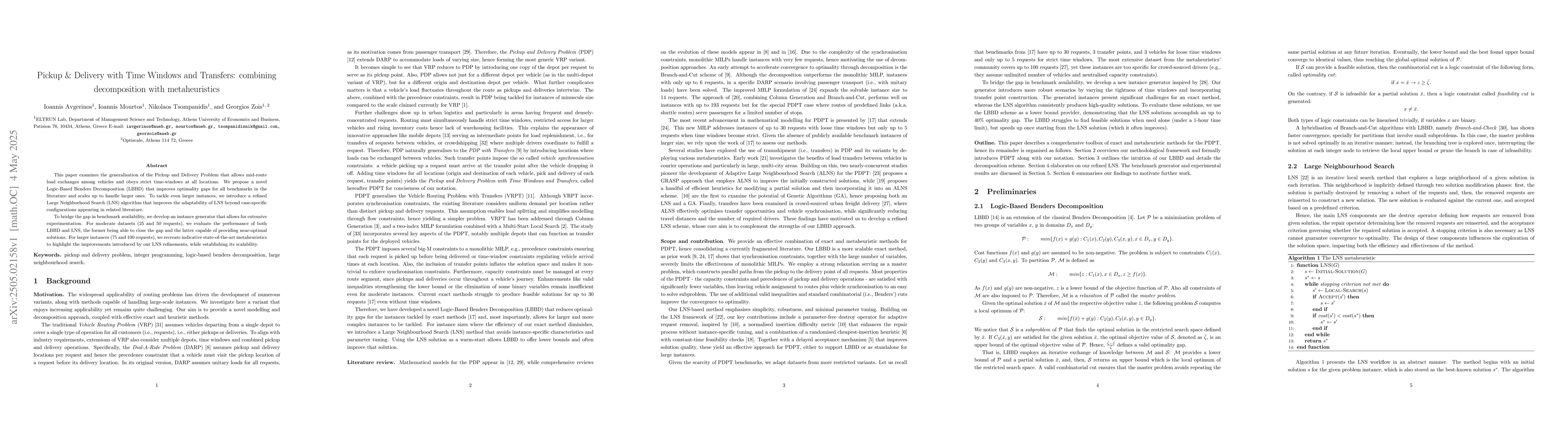Thumbnail for Pickup & Delivery with Time Windows and Transfers: combining
  decomposition with metaheuristics