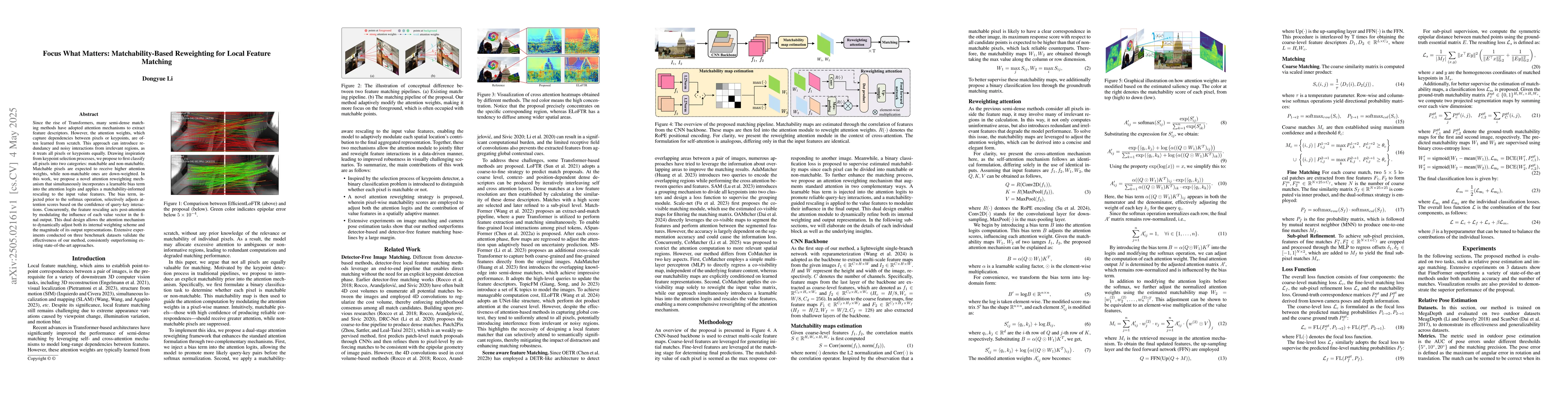 Thumbnail for Focus What Matters: Matchability-Based Reweighting for Local Feature
  Matching