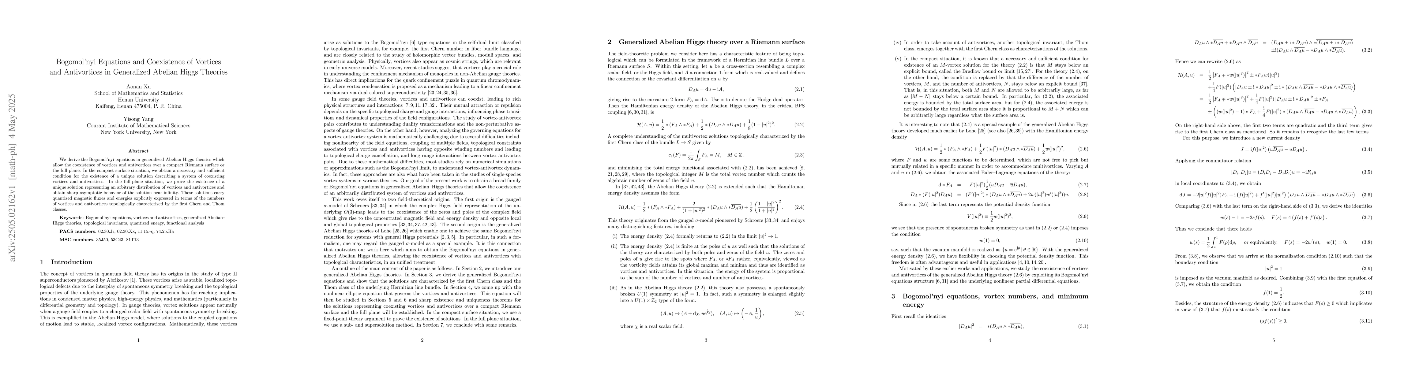 Thumbnail for Bogomol'nyi Equations and Coexistence of Vortices and Antivortices in
  Generalized Abelian Higgs Theories