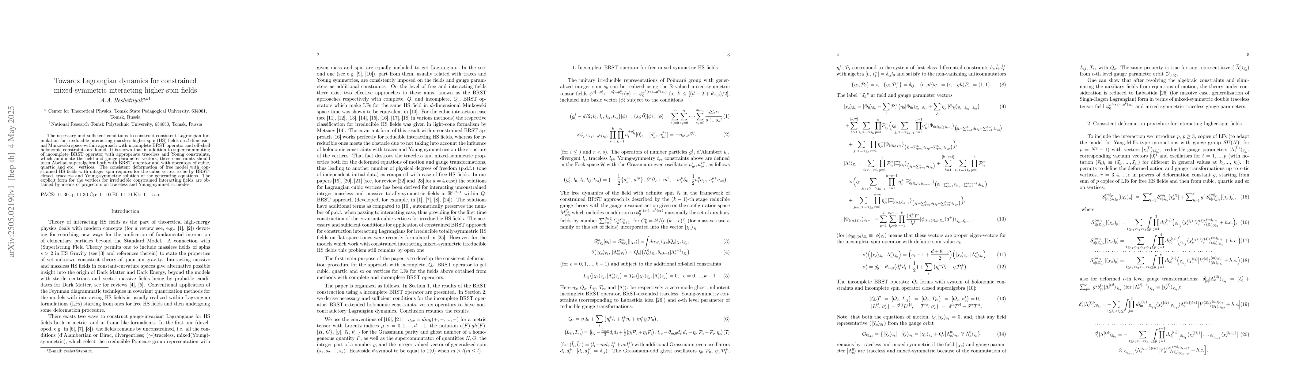 Thumbnail for Towards Lagrangian dynamics for constrained mixed-symmetric interacting
  higher-spin fields