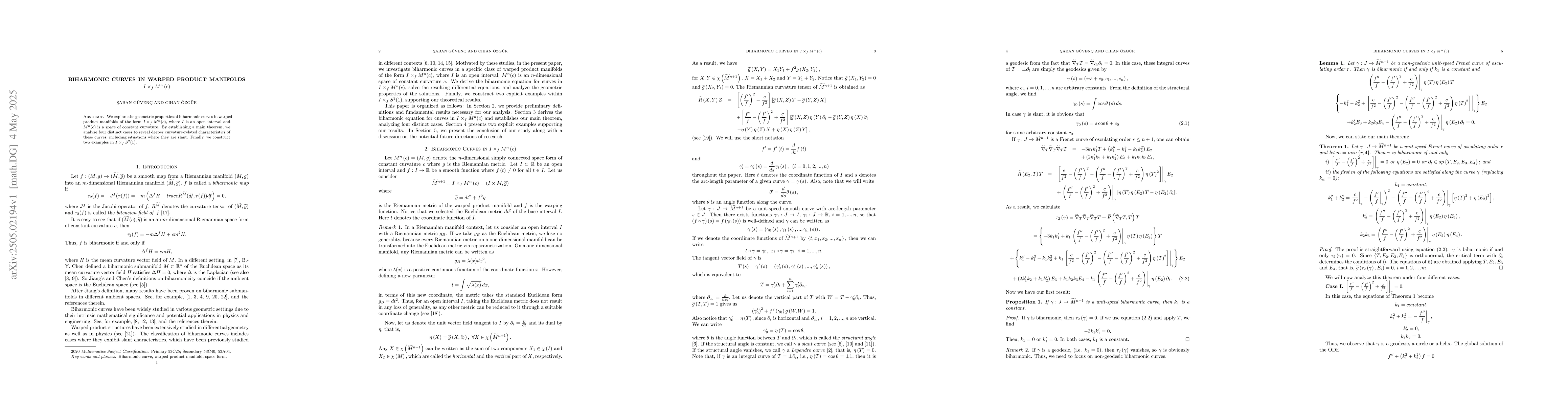 Thumbnail for Biharmonic Curves in Warped Product Manifolds $I\times_{f}M^{n}\left(
  c\right) $