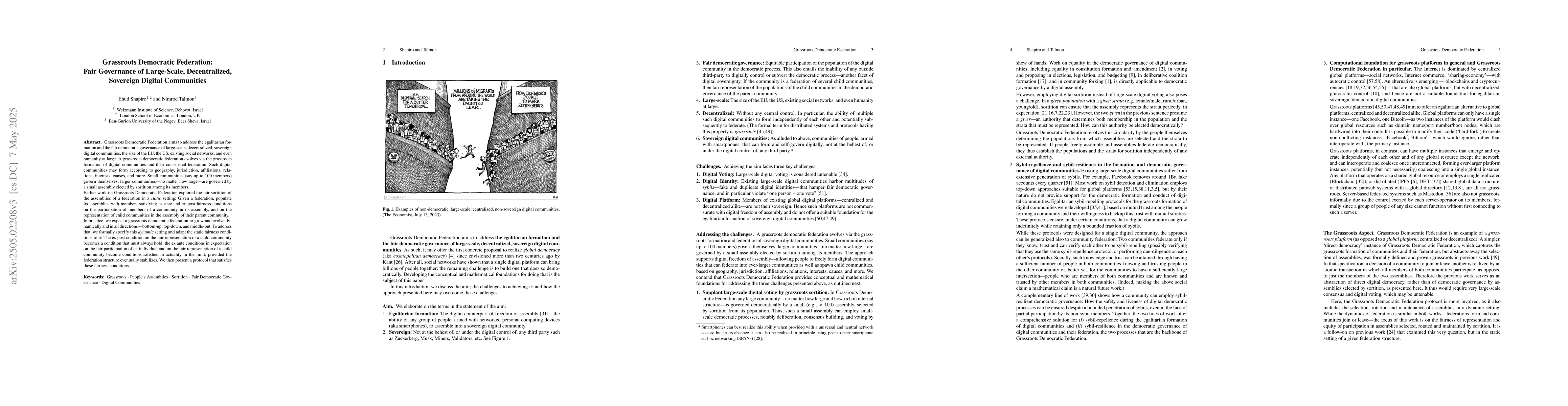 Thumbnail for Grassroots Democratic Federation: Fair Governance of Large-Scale,
  Decentralized, Sovereign Digital Communities