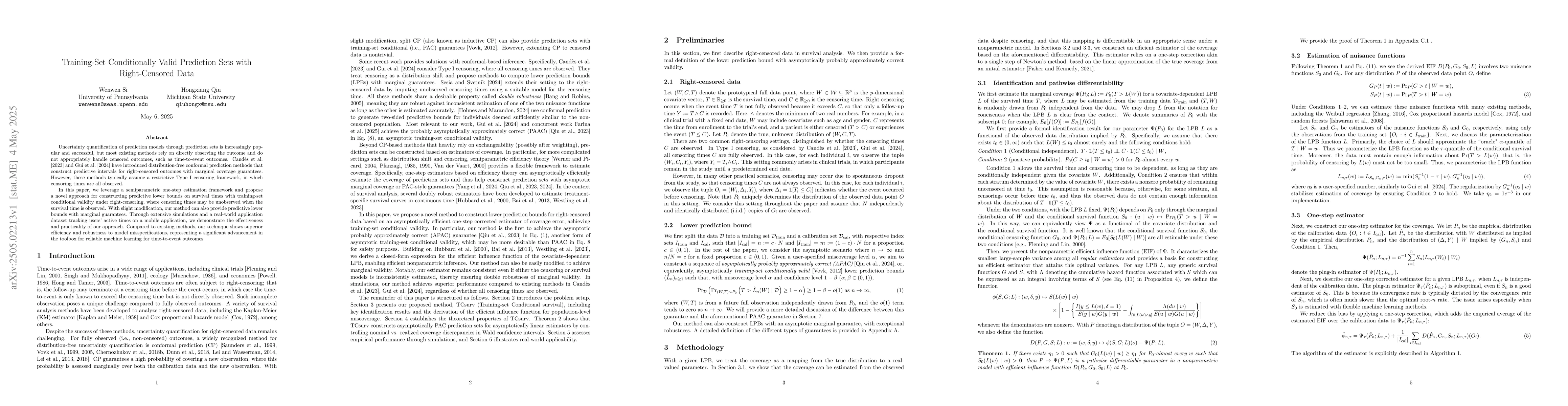 Thumbnail for Training-Set Conditionally Valid Prediction Sets with Right-Censored
  Data
