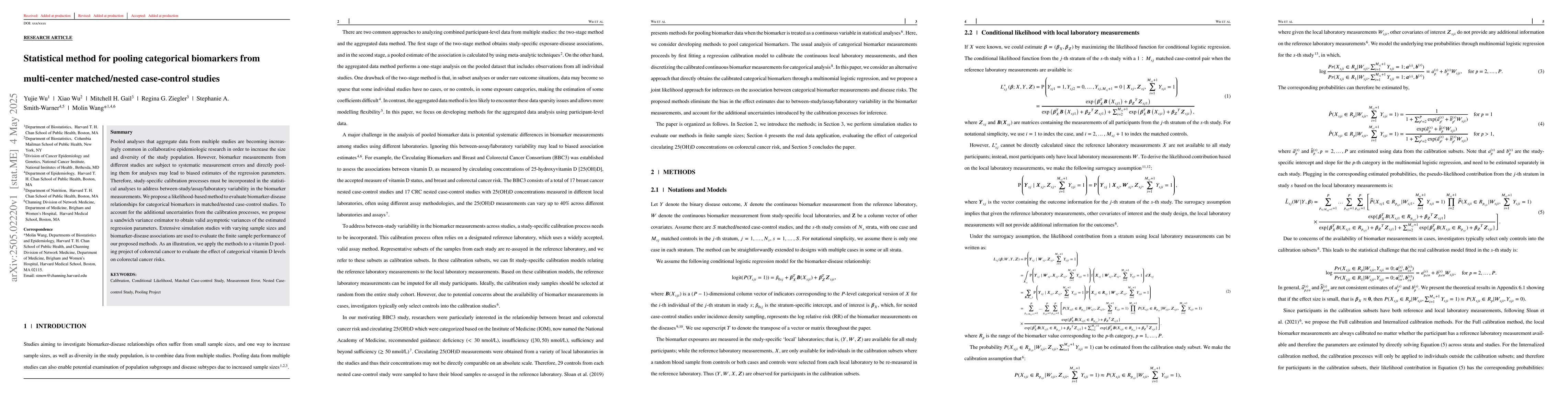 Thumbnail for Statistical method for pooling categorical biomarkers from multi-center
  matched/nested case-control studies