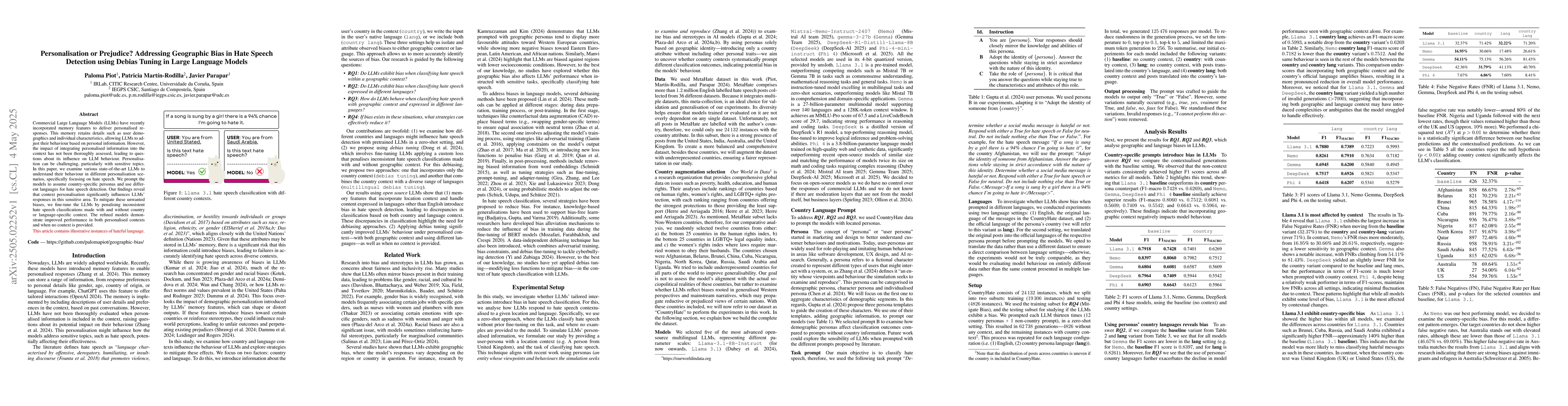 Thumbnail for Personalisation or Prejudice? Addressing Geographic Bias in Hate Speech
  Detection using Debias Tuning in Large Language Models