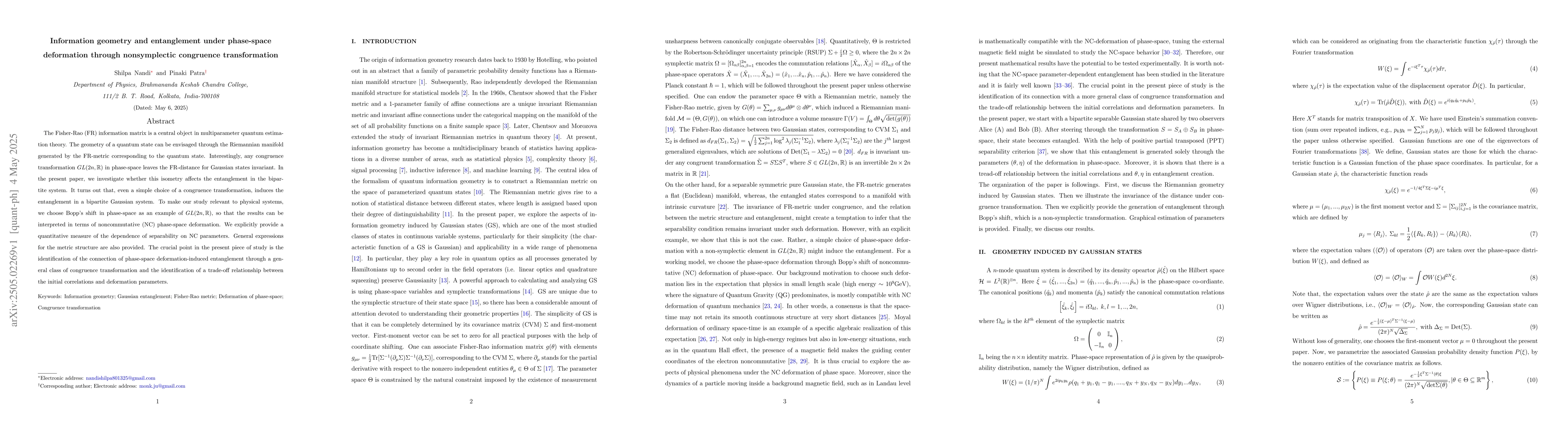 Thumbnail for Information geometry and entanglement under phase-space deformation
  through nonsymplectic congruence transformation