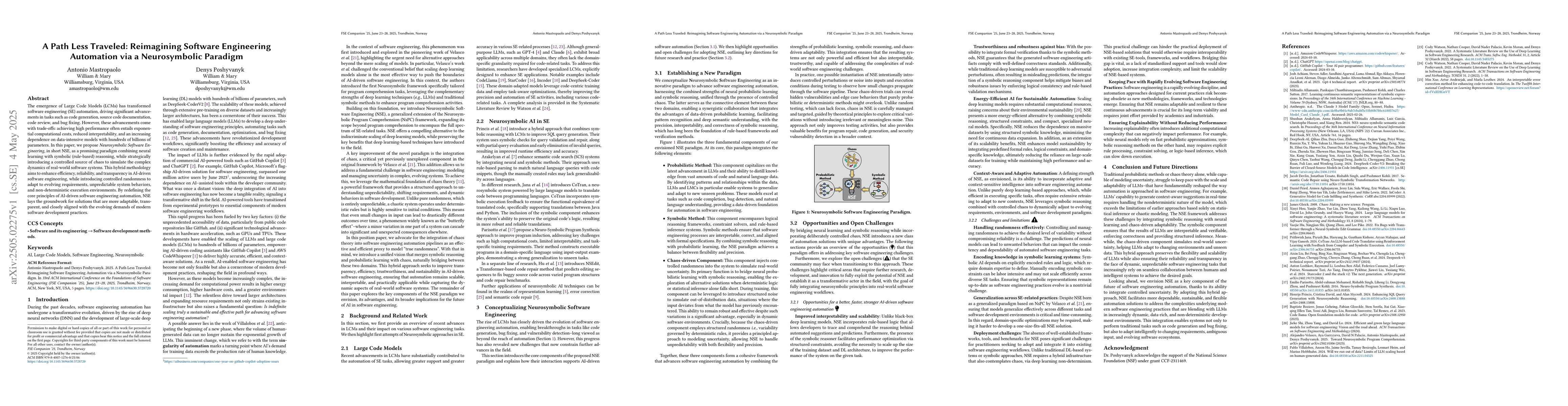 Thumbnail for A Path Less Traveled: Reimagining Software Engineering Automation via a
  Neurosymbolic Paradigm