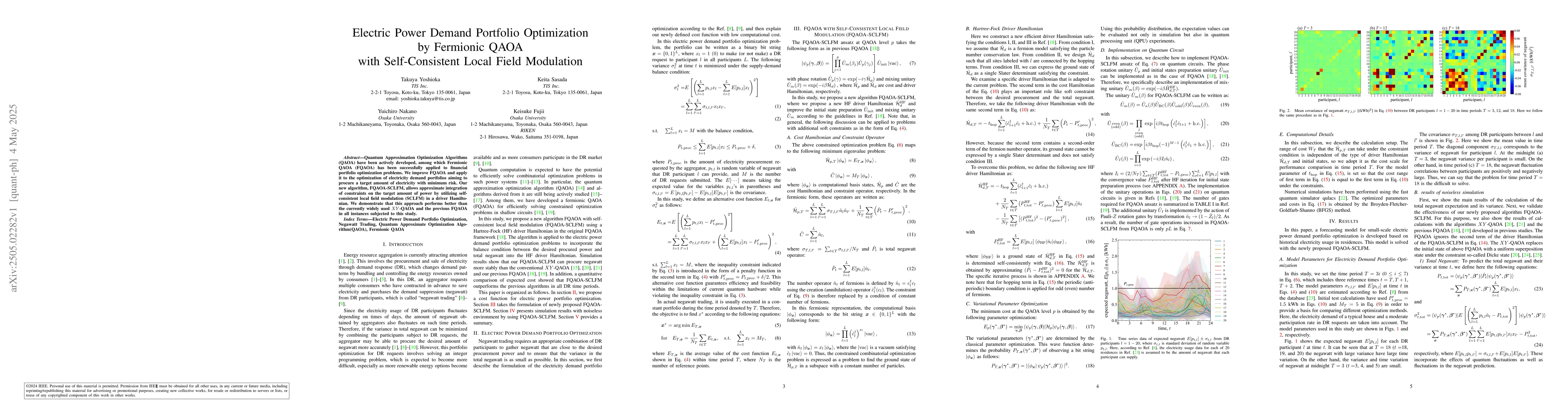 Thumbnail for Electric Power Demand Portfolio Optimization by Fermionic QAOA with
  Self-Consistent Local Field Modulation
