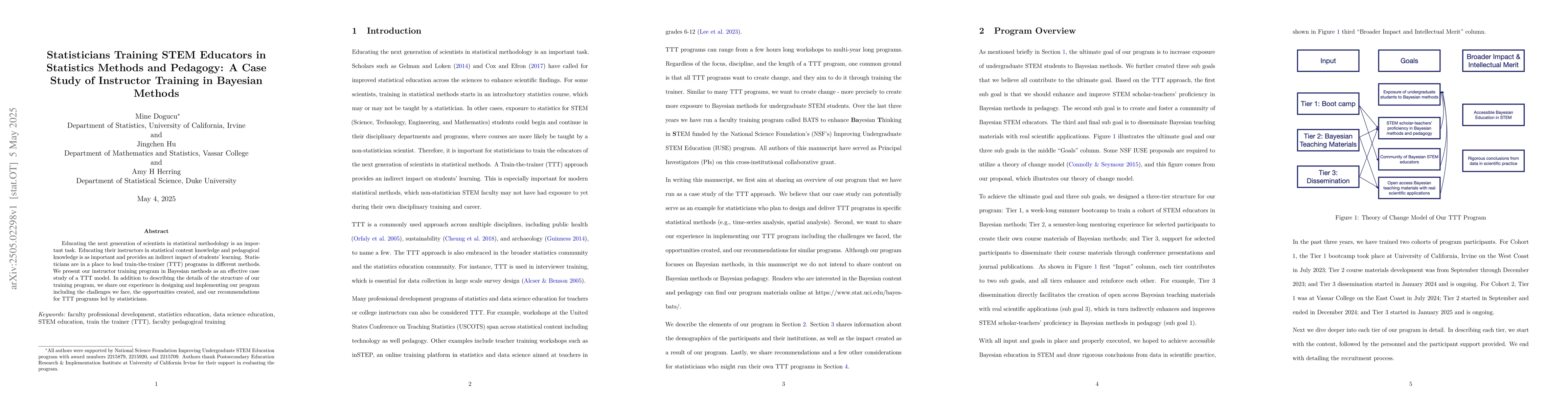 Thumbnail for Statisticians Training STEM Educators in Statistics Methods and
  Pedagogy: A Case Study of Instructor Training in Bayesian Methods