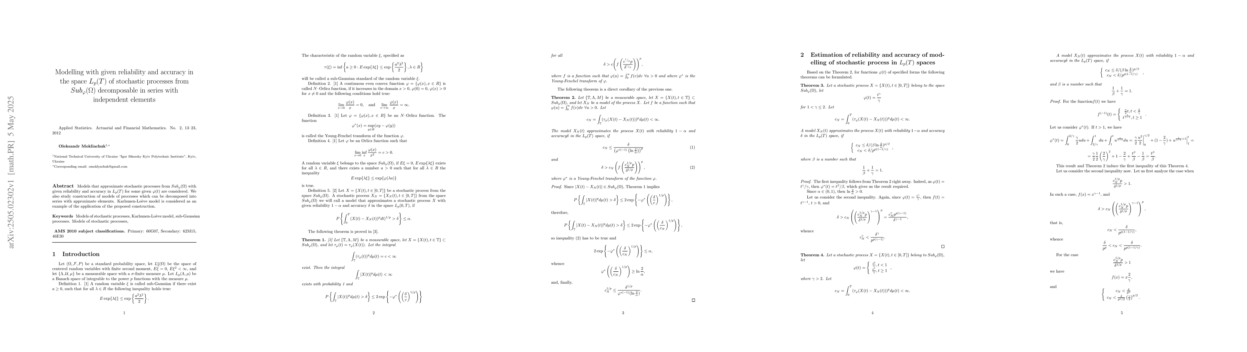 Thumbnail for Modelling with given reliability and accuracy in the space $L_p(T)$ of
  stochastic processes from $Sub_\varphi(Ω)$ decomposable in series with
  independent elements