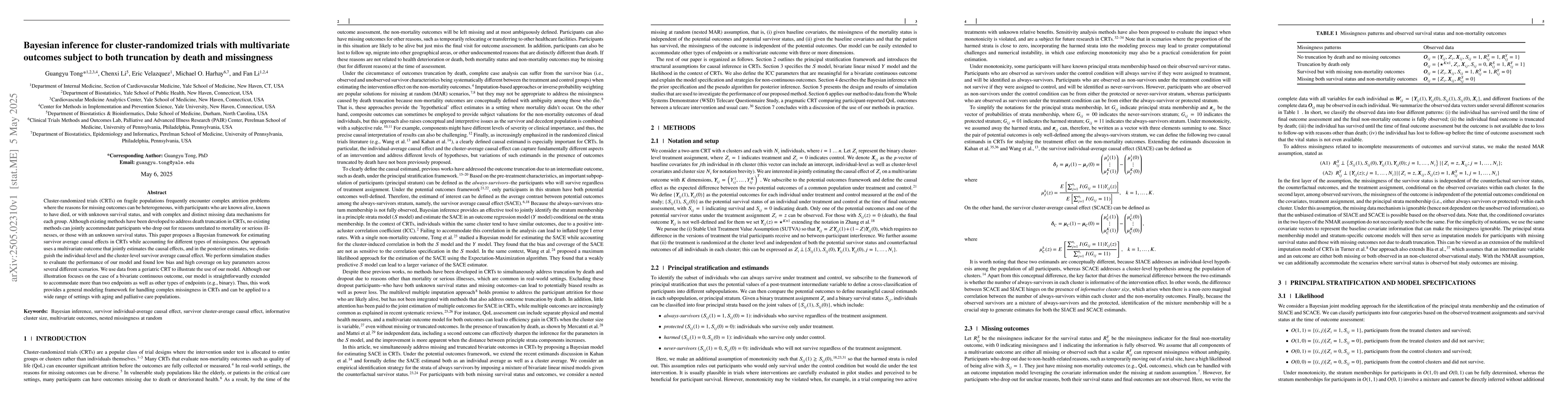 Thumbnail for Bayesian inference for cluster-randomized trials with multivariate
  outcomes subject to both truncation by death and missingness