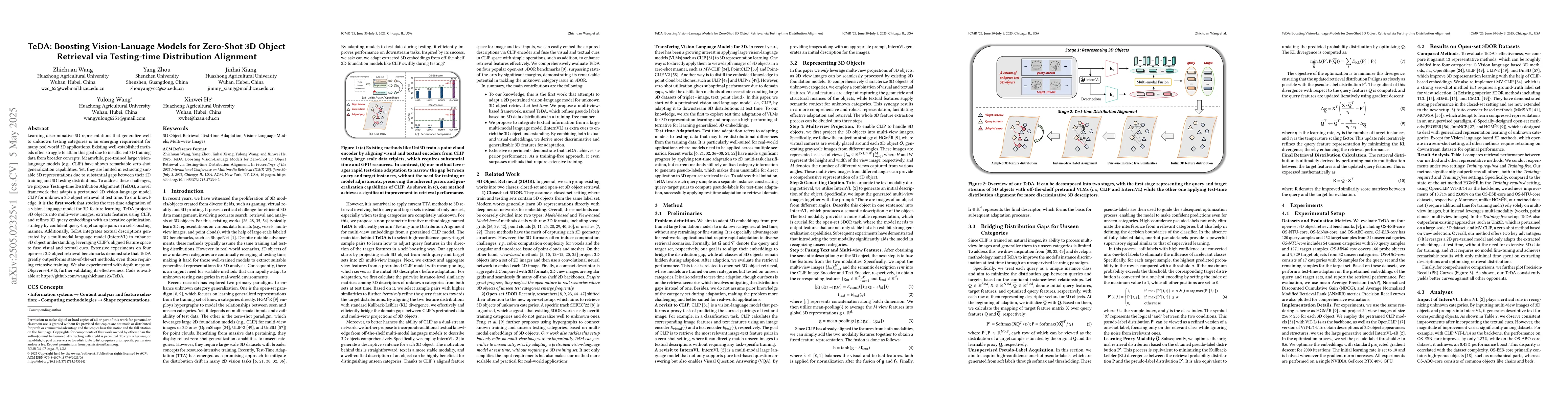 Thumbnail for TeDA: Boosting Vision-Lanuage Models for Zero-Shot 3D Object Retrieval
  via Testing-time Distribution Alignment