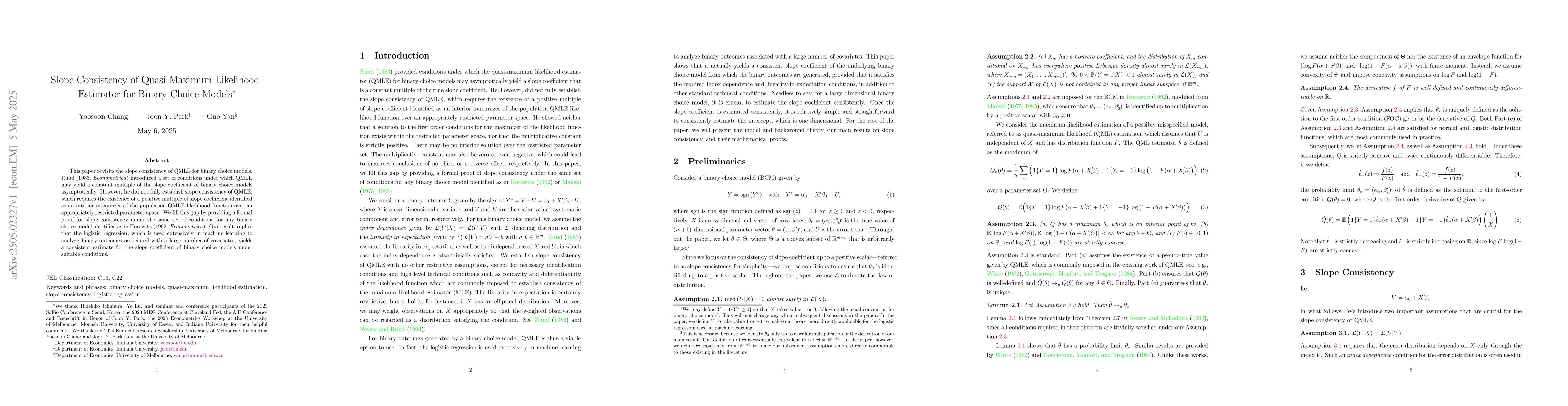 Thumbnail for Slope Consistency of Quasi-Maximum Likelihood Estimator for Binary
  Choice Models