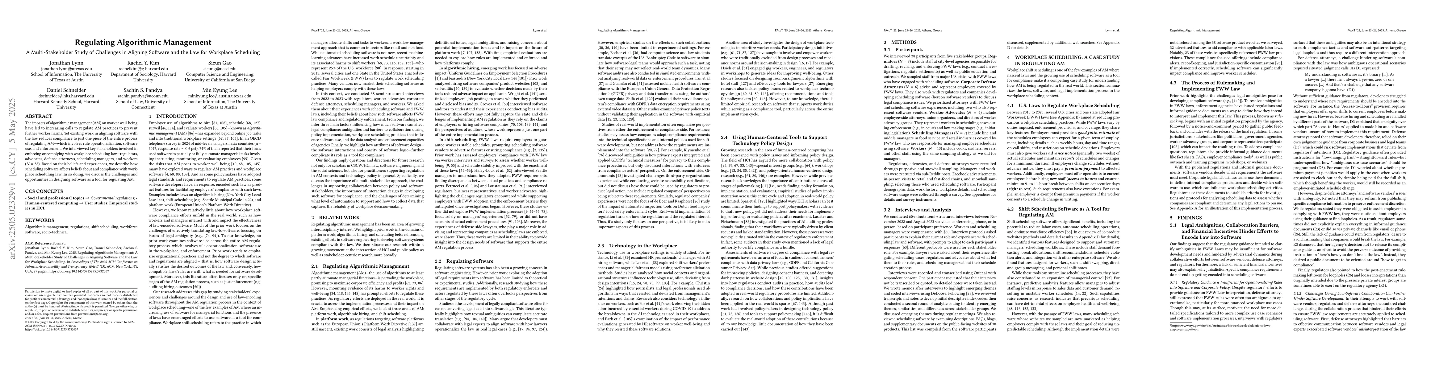 Thumbnail for Regulating Algorithmic Management: A Multi-Stakeholder Study of
  Challenges in Aligning Software and the Law for Workplace Scheduling
