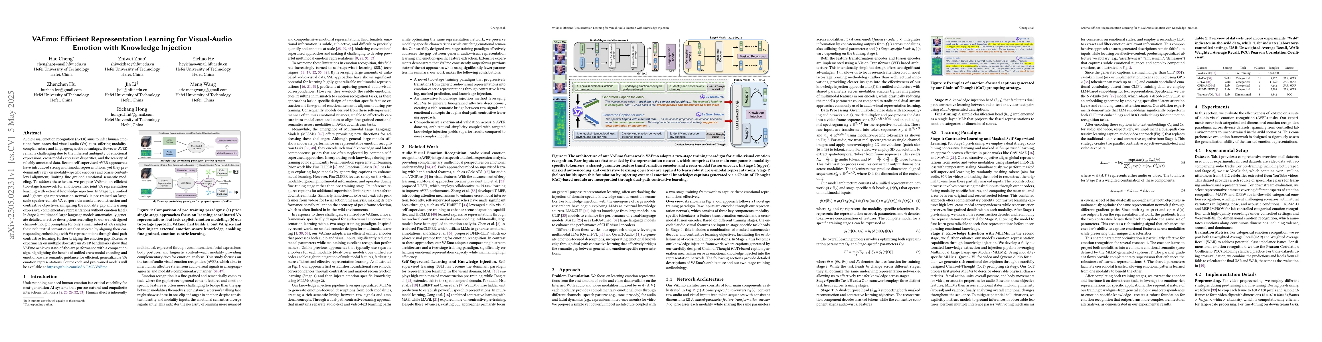 Thumbnail for VAEmo: Efficient Representation Learning for Visual-Audio Emotion with
  Knowledge Injection