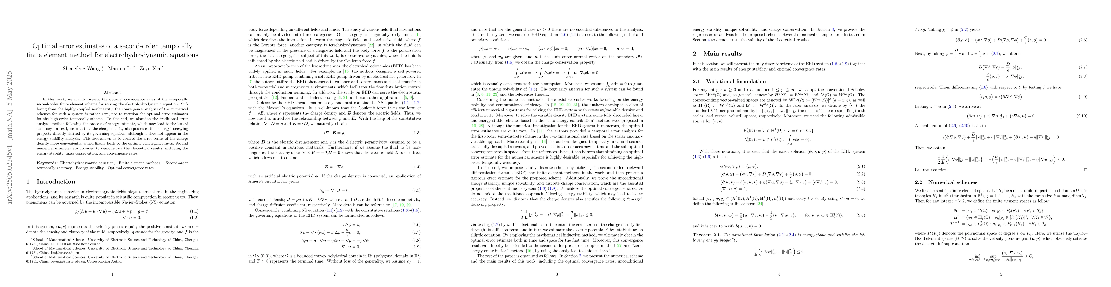 Thumbnail for Optimal error estimates of a second-order temporally finite element
  method for electrohydrodynamic equations