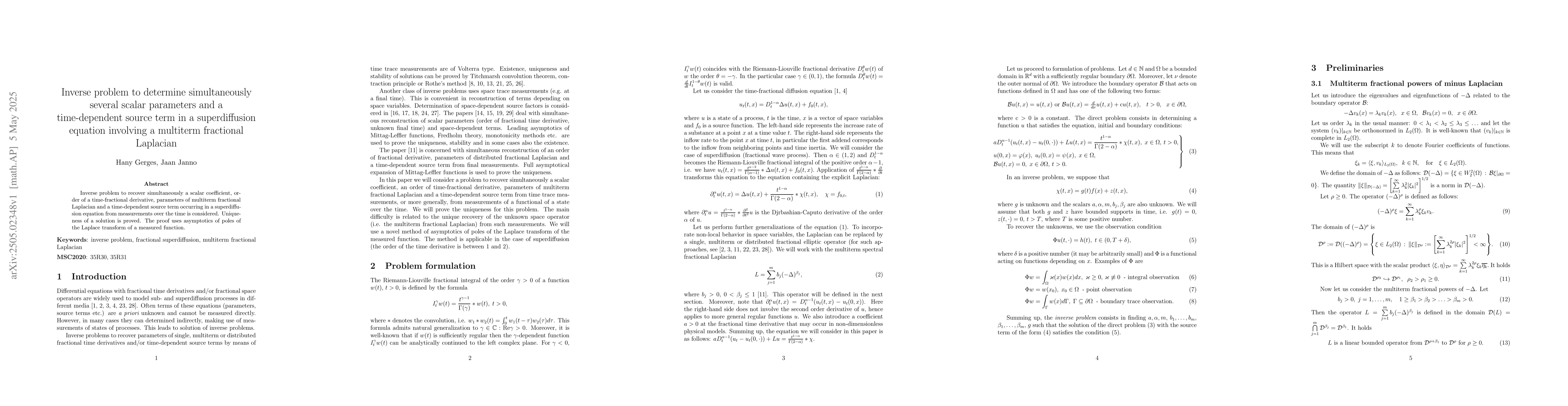 Thumbnail for Inverse problem to determine simultaneously several scalar parameters
  and a time-dependent source term in a superdiffusion equation involving a
  multiterm fractional Laplacian