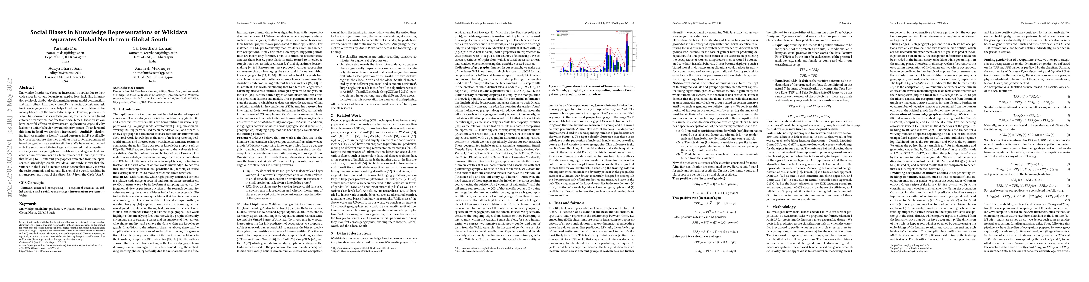 Thumbnail for Social Biases in Knowledge Representations of Wikidata separates Global
  North from Global South