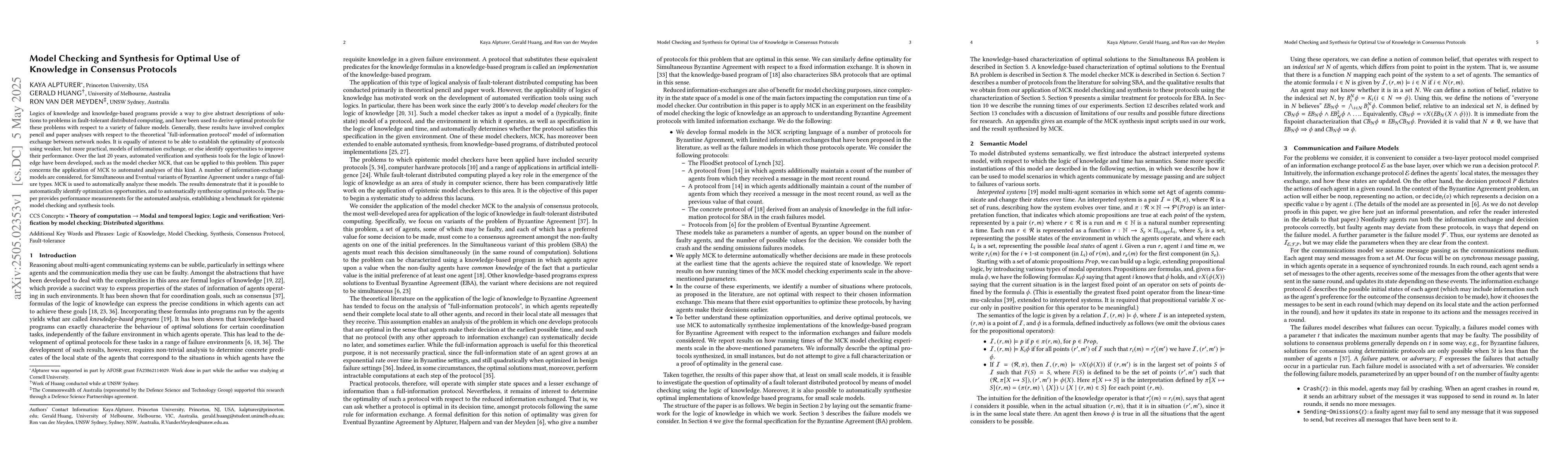 Thumbnail for Model Checking and Synthesis for Optimal Use of Knowledge in Consensus
  Protocols